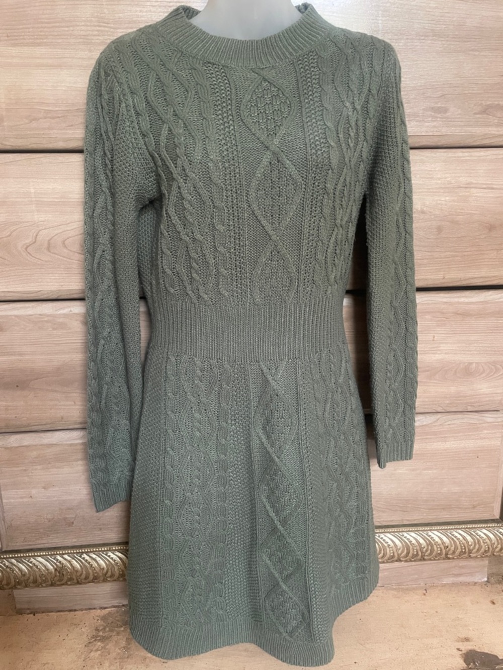Lucky Brand Olive Green Cable-Knit Long Sleeve Sweater Dress